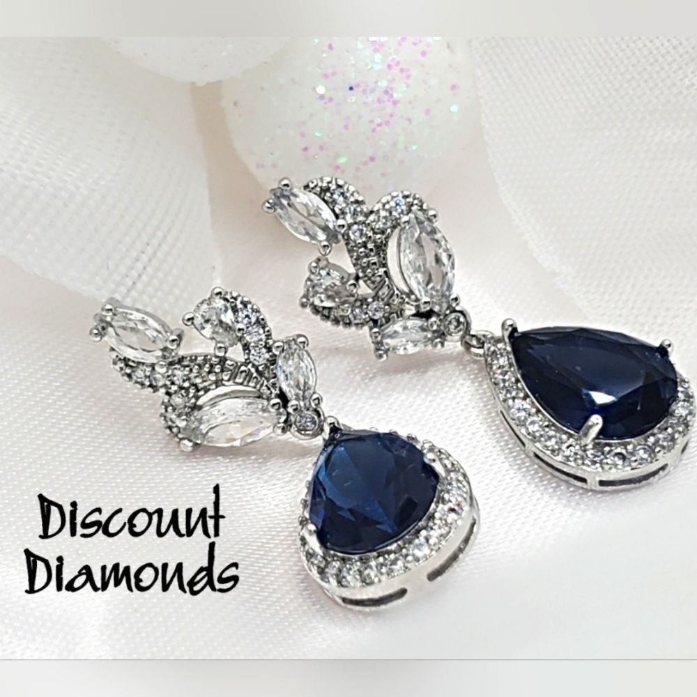Blue Sapphire & White Baguette Diamond Drop Stud Earrings 925  Silver